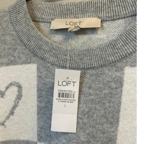 NWT LOFT Gray Heart Checkered Love thick soft Sweater Size Large MSRP $89.95 - Picture 4 of 8